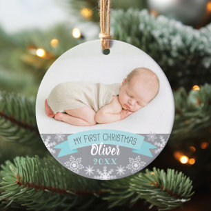 Eerste kerst Aqua Blauwe Baby Jongen Foto Ornament