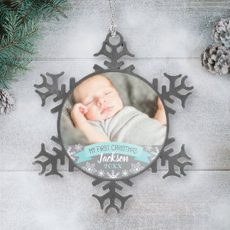 Eerste kerst Aqua Blauwe Baby Jongen Foto Tin Sneeuwvlok Ornament