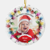 Eerste kerst Baby 2-zijdige twee foto Keepsake Keramisch Ornament (Voorkant)