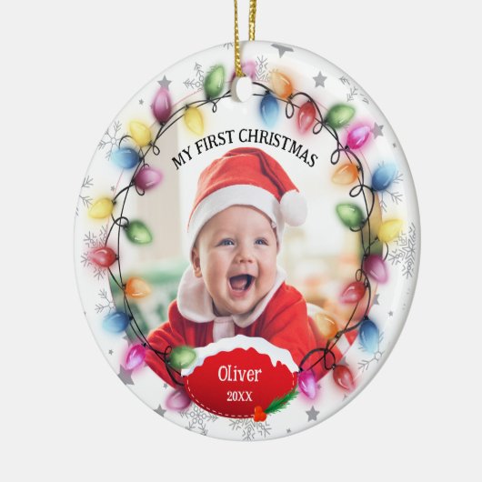 Eerste kerst Baby 2-zijdige twee foto Keepsake Keramisch Ornament (Links)