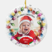 Eerste kerst Baby 2-zijdige twee foto Keepsake Keramisch Ornament (Achterkant)