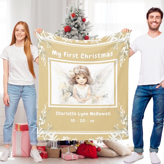 Eerste Kerst Baby Angel Goud & Wit Kerst Fleece Deken