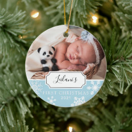 Eerste kerst baby foto blauw keramisch ornament
