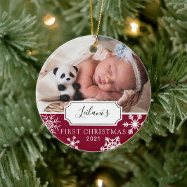 Eerste kerst baby foto bordeauxrood keramisch ornament