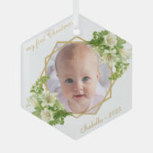 Eerste kerst Baby Foto Gouden Witte Lelies Glas Ornament (Voorkant)