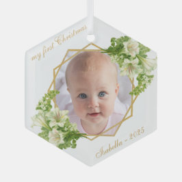 Eerste kerst Baby Foto Gouden Witte Lelies Glas Ornament