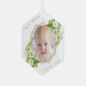 Eerste kerst Baby Foto Gouden Witte Lelies Glas Ornament (Voorkant links)