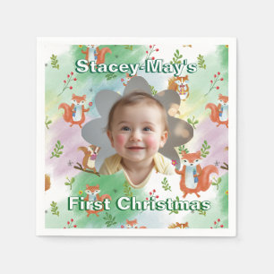 Eerste kerst Baby Foto Kussen Woodland Animal Servet