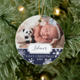 Eerste kerst baby foto marineblauw keramisch ornament