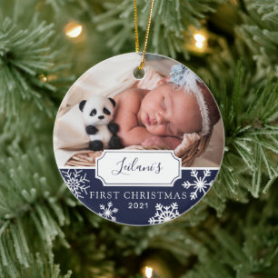Eerste kerst baby foto marineblauw keramisch ornament