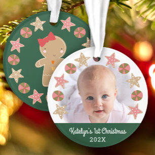 Eerste kerst baby foto peperkoek meisje groen ornament