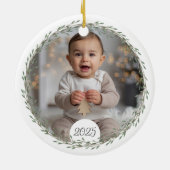 Eerste kerst baby foto roze en blauwe bomen keramisch ornament (Achterkant)