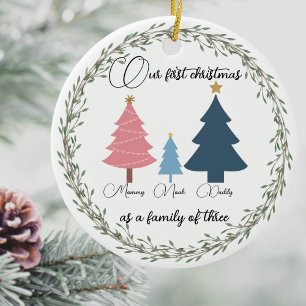 Eerste kerst baby foto roze en blauwe bomen keramisch ornament