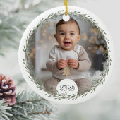 Eerste kerst baby foto roze en blauwe bomen keramisch ornament