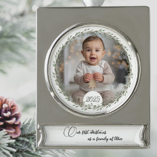 Eerste kerst baby foto roze en blauwe bomen verzilverd banner ornament