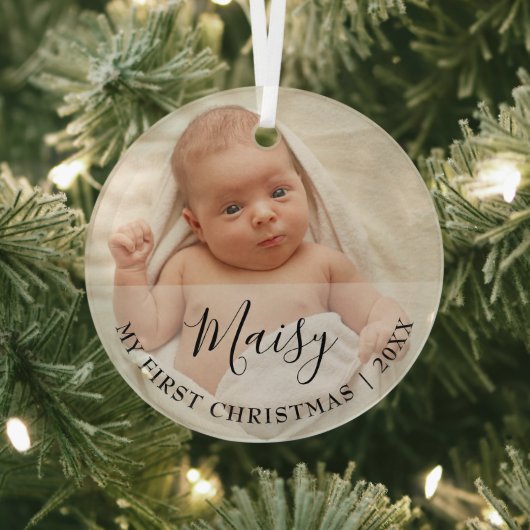 Eerste kerst baby foto script naam glas ornament (Insitu)