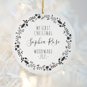 Eerste kerst baby foto zwart wit keramisch ornament