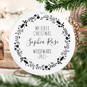 Eerste kerst baby foto zwart wit ornament
