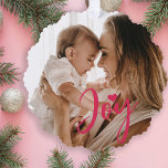 Eerste Kerst baby fotonaam modern Ornament Kaart<br><div class="desc">Trendy modern roze joyscript en hart keepsake vakantieboom ornament kaart met nieuwe baby's eerste kerstdagen samen met moeder,  vader en familie.</div>