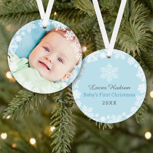 Eerste kerst baby jongen sneeuwvlok frame foto ornament