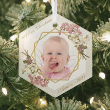 Eerste kerst baby meisje foto roze orchideeën goud