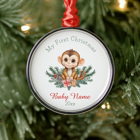 Eerste Kerst Baby Monkey Aangepaste Naam Keepsake Metalen Ornament