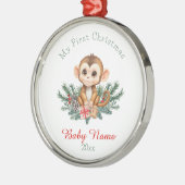 Eerste Kerst Baby Monkey Aangepaste Naam Keepsake Metalen Ornament (Links)