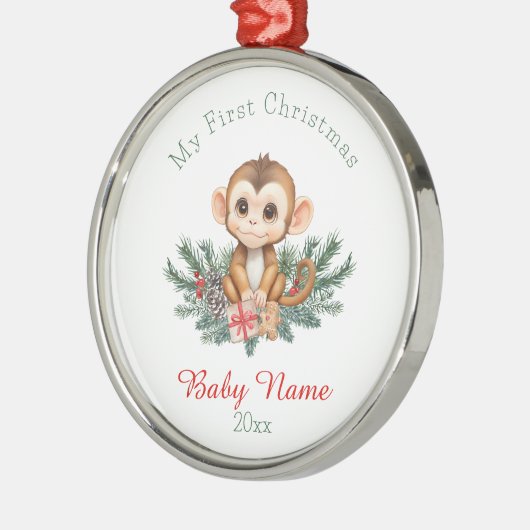 Eerste Kerst Baby Monkey Aangepaste Naam Keepsake Metalen Ornament (Links)