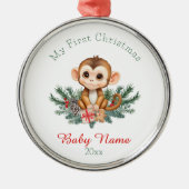Eerste Kerst Baby Monkey Aangepaste Naam Keepsake Metalen Ornament (Voorkant)