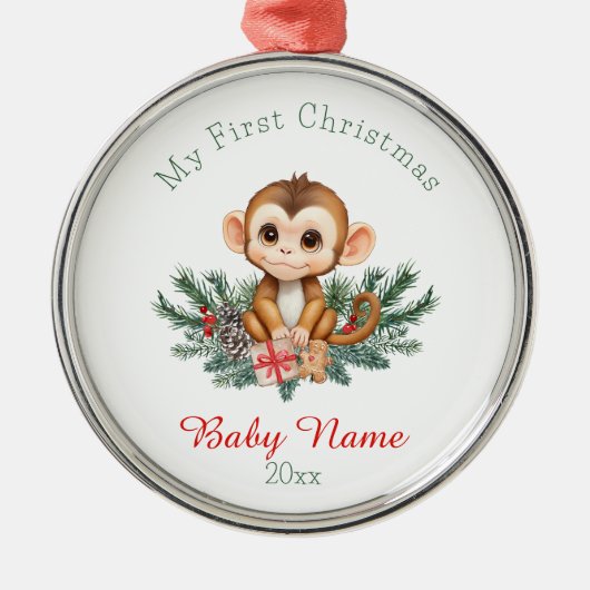Eerste Kerst Baby Monkey Aangepaste Naam Keepsake Metalen Ornament (Voorkant)