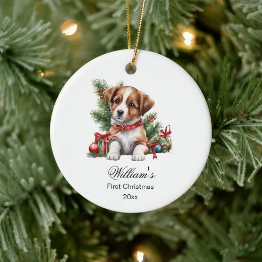 Eerste Kerst Baby Schattige Puppy Keramisch Ornament (Boom)
