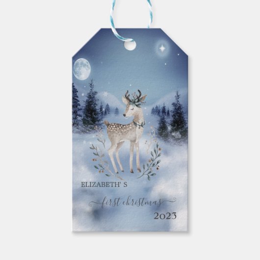 Eerste kerst, Babyhert, Winterlandschap Cadeaulabel (Voorkant)