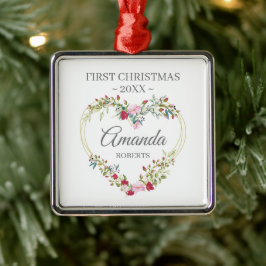 Eerste kerst babymeisje met roze & rode bloemen metalen ornament