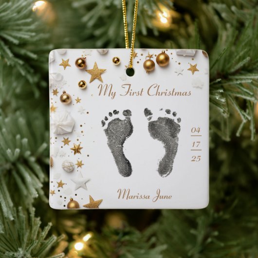Eerste Kerst Baby's Voet Prints Naam Foto Star Keramisch Ornament (Boom)