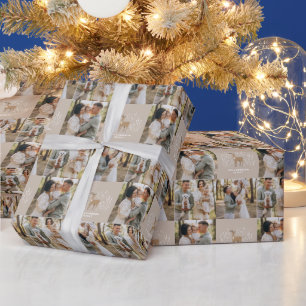 Eerste kerst beige rendier elegante multi foto cadeaupapier
