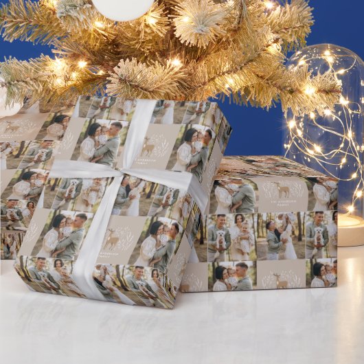 Eerste kerst beige rendier elegante multi foto cadeaupapier (Feestdagen)