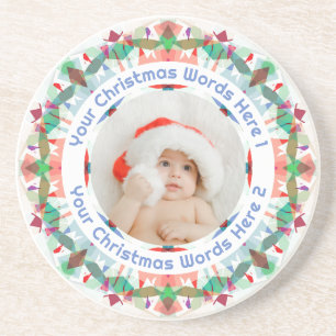 Eerste kerst blauw roze groen familie foto cadeau zandsteen onderzetter