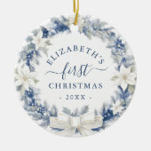 Eerste kerst Blauw Rustieke Krans Keramisch Ornament (Voorkant)