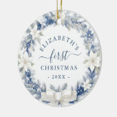 Eerste kerst Blauw Rustieke Krans Keramisch Ornament (Links)