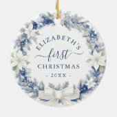 Eerste kerst Blauw Rustieke Krans Keramisch Ornament (Achterkant)