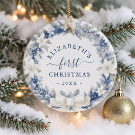 Eerste kerst Blauw Rustieke Krans Keramisch Ornament