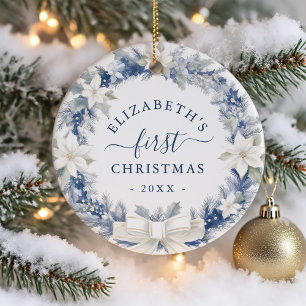 Eerste kerst Blauw Rustieke Krans Keramisch Ornament