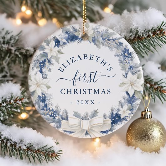 Eerste kerst Blauw Rustieke Krans Keramisch Ornament