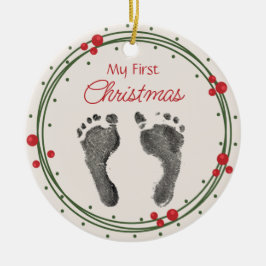 Eerste kerst De Prints van de voetenkrans van uw b Keramisch Ornament
