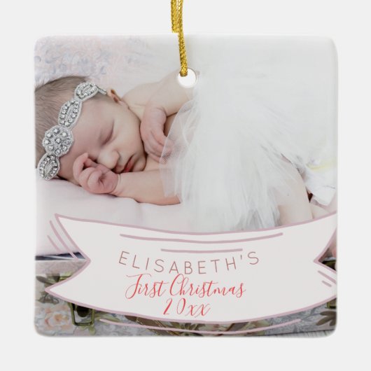 Eerste kerst eenvoudig script pasgeboren baby foto keramisch ornament (Voorkant)