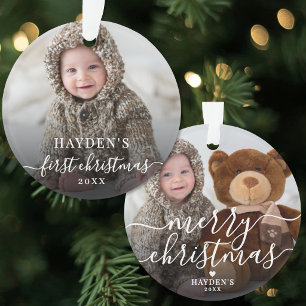 Eerste kerst eenvoudige script baby foto ornament