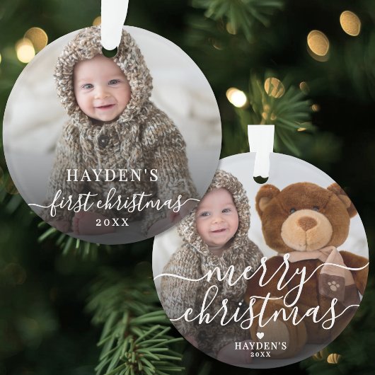 Eerste kerst eenvoudige script baby foto ornament