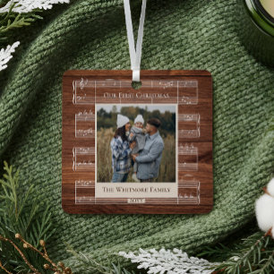 Eerste kerst FaLa  Bladmuziek Houtkorrel Metalen Ornament