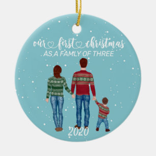 Eerste kerst familie van drie bruine haar jongen keramisch ornament