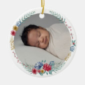 Eerste Kerst Floral Woodland Animal Baby Foto Keramisch Ornament (Voorkant)